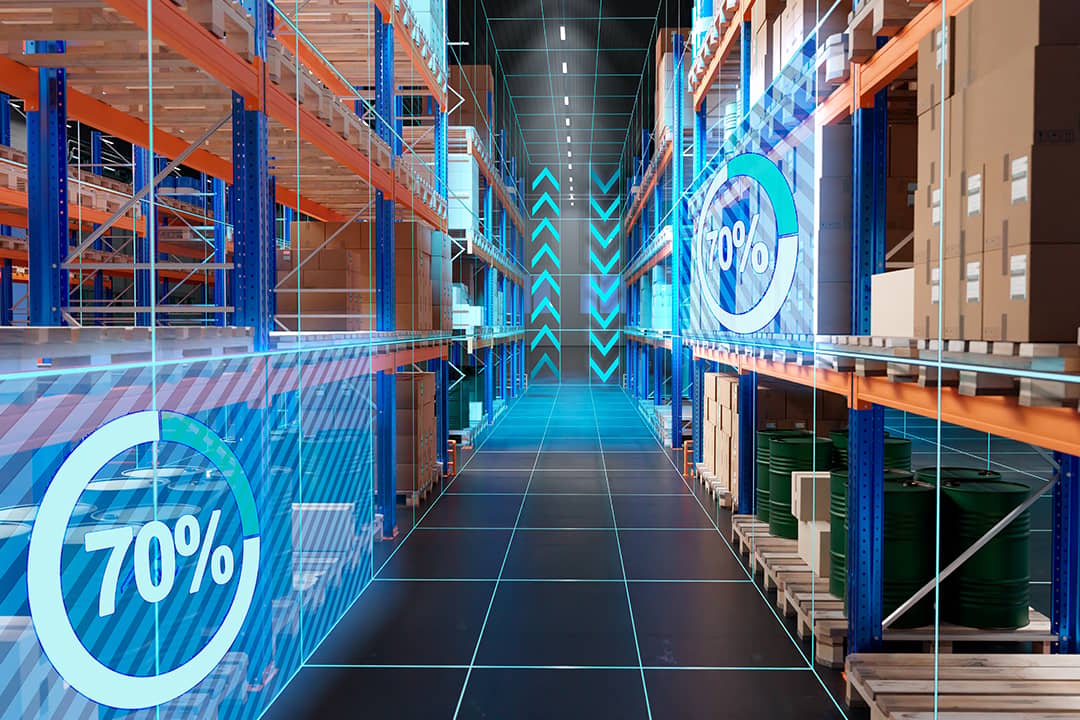 An automated warehouse showing industrial shelves with percentage overlays for inventory metrics.